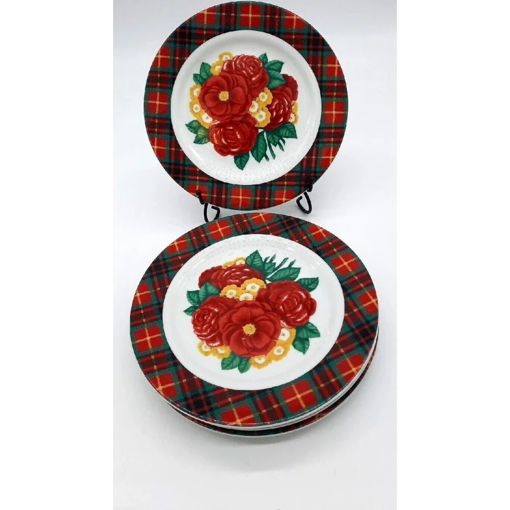 Vintage Holly Holderman Set Of 4 Red & Green Tartan Plaid Floral 8